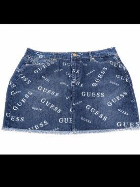 GUESS Y2K All Over Logo Denim Mini Skirt Frayed Hem Blue Jean XL